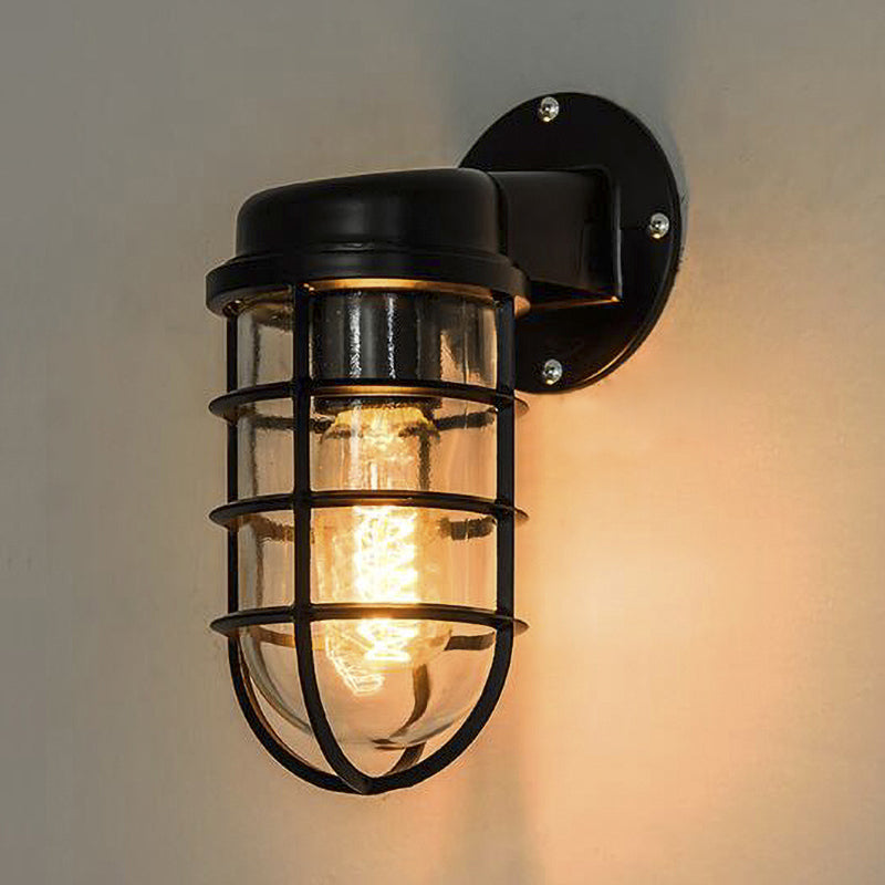 Clear Glass Caged Sconce Light - Black/White/Rust 1-Light Traditional Wall Lamp For Porch Black