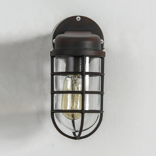 Clear Glass Caged Sconce Light - Black/White/Rust 1-Light Traditional Wall Lamp For Porch