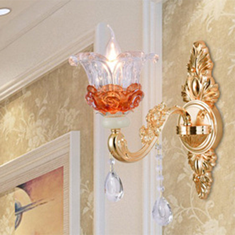 Modern Gold Petal Chandelier with Crystal Accent - Clear Textured Glass Pendant Light