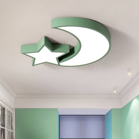 Kids Style Star And Moon Led Flushmount Ceiling Lamp Green / White