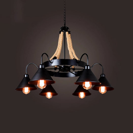Black Industrial Art Chandelier Light with Rope and Cone Metal Shade