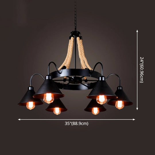 Black Industrial Art Chandelier Light with Rope and Cone Metal Shade