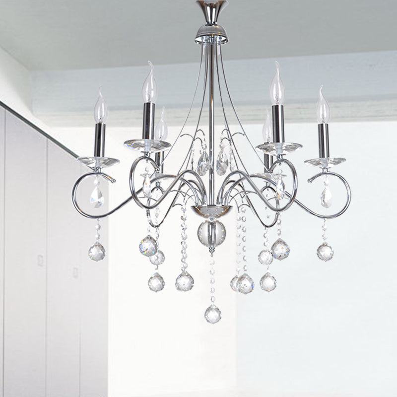 Silver Metal Chandelier With Crystal Ball Décor - 6 Heads Traditional Candle-Style Lighting For