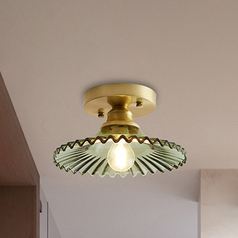 Semi-Flush Industrial Ceiling Mount: 1-Light Flared Clear/Green Ribbed Glass For Living Room Green