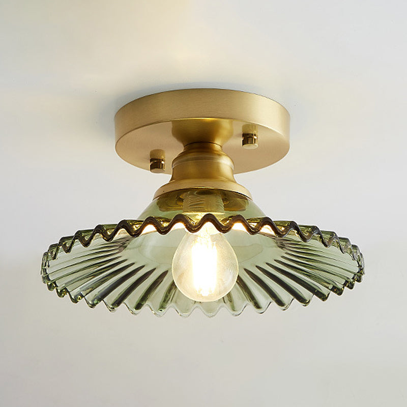 Semi-Flush Industrial Ceiling Mount: 1-Light Flared Clear/Green Ribbed Glass For Living Room