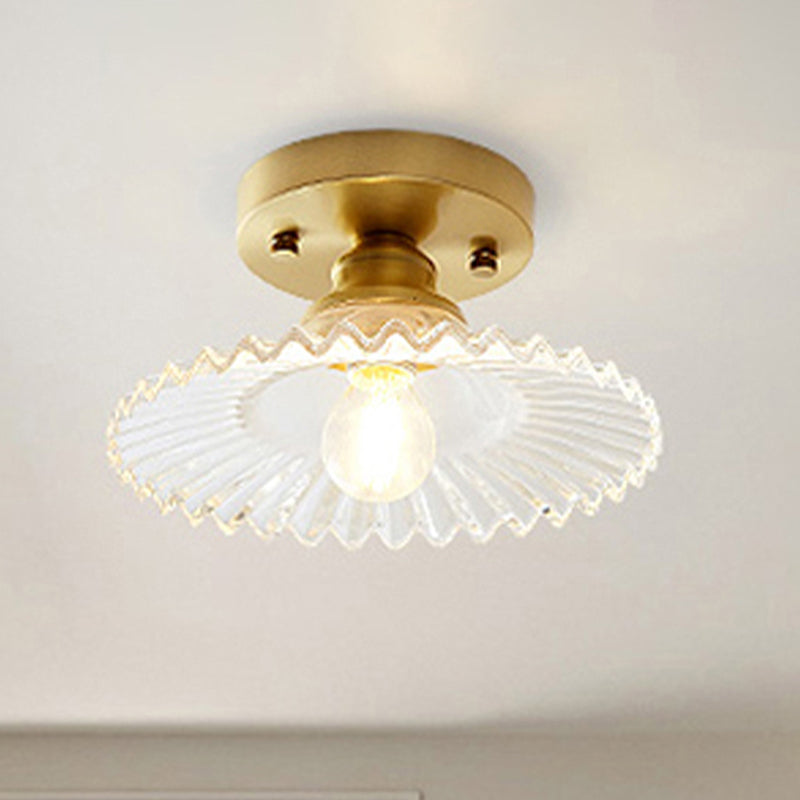 Semi-Flush Industrial Ceiling Mount: 1-Light Flared Clear/Green Ribbed Glass For Living Room Clear