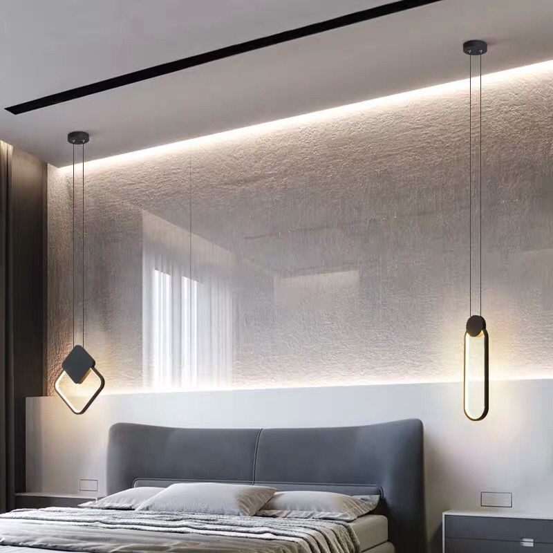 Contemporary Led Ceiling Pendant With Black Metal Ring - Bedside Lamps For Modern Bedrooms