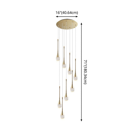 Modern Brass Crystal Hanging Led Pendant Lights - Long Cone Cascade Design For Stairwell