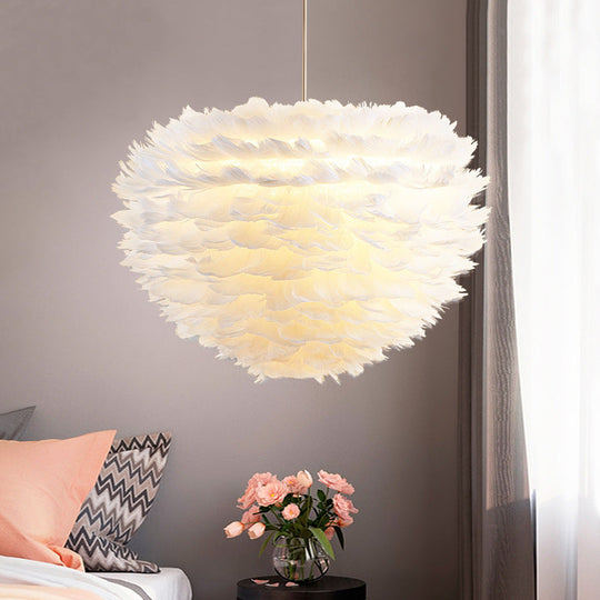 Modern Hand-Woven Feather Globe Chandelier For Bedroom - White Pendant Light