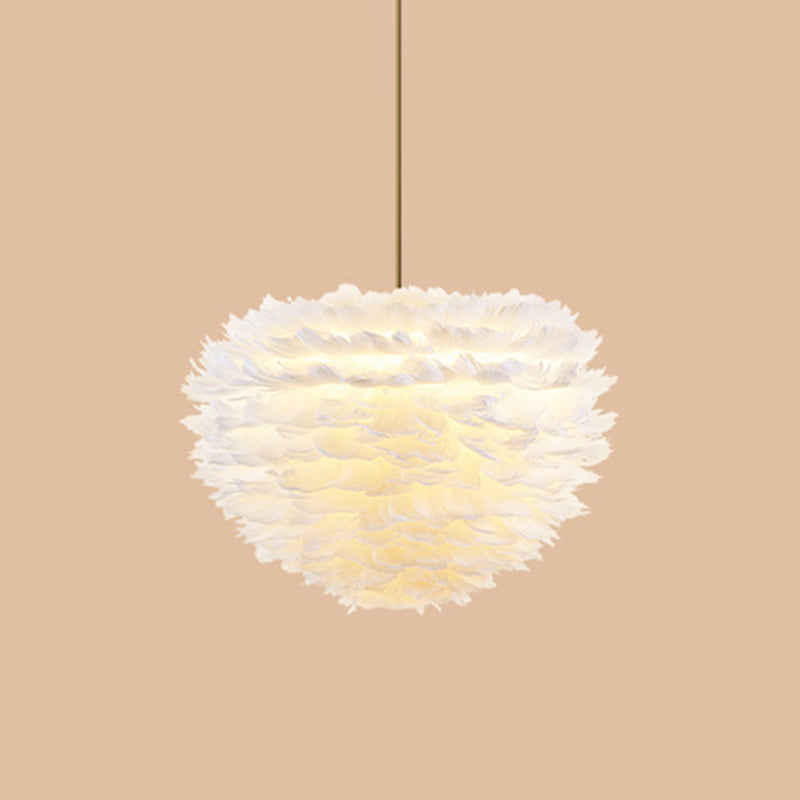 Modern Hand-Woven Feather Globe Chandelier For Bedroom - White Pendant Light 1 /