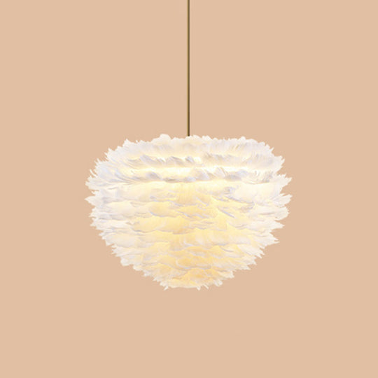 Modern Hand-Woven Feather Globe Chandelier For Bedroom - White Pendant Light 1 /