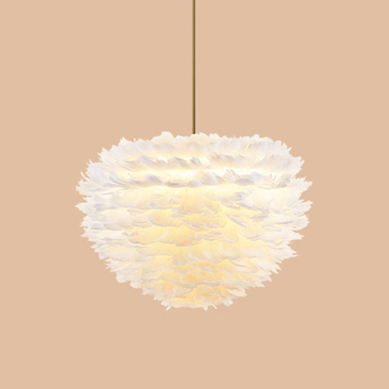 Modern Hand-Woven Feather Globe Chandelier For Bedroom - White Pendant Light 5 /