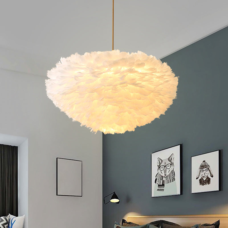 Modern Hand-Woven Feather Globe Chandelier For Bedroom - White Pendant Light