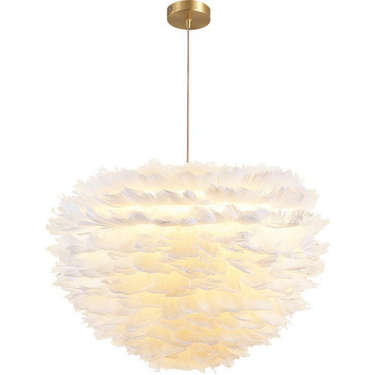 Modern Hand-Woven Feather Globe Chandelier For Bedroom - White Pendant Light