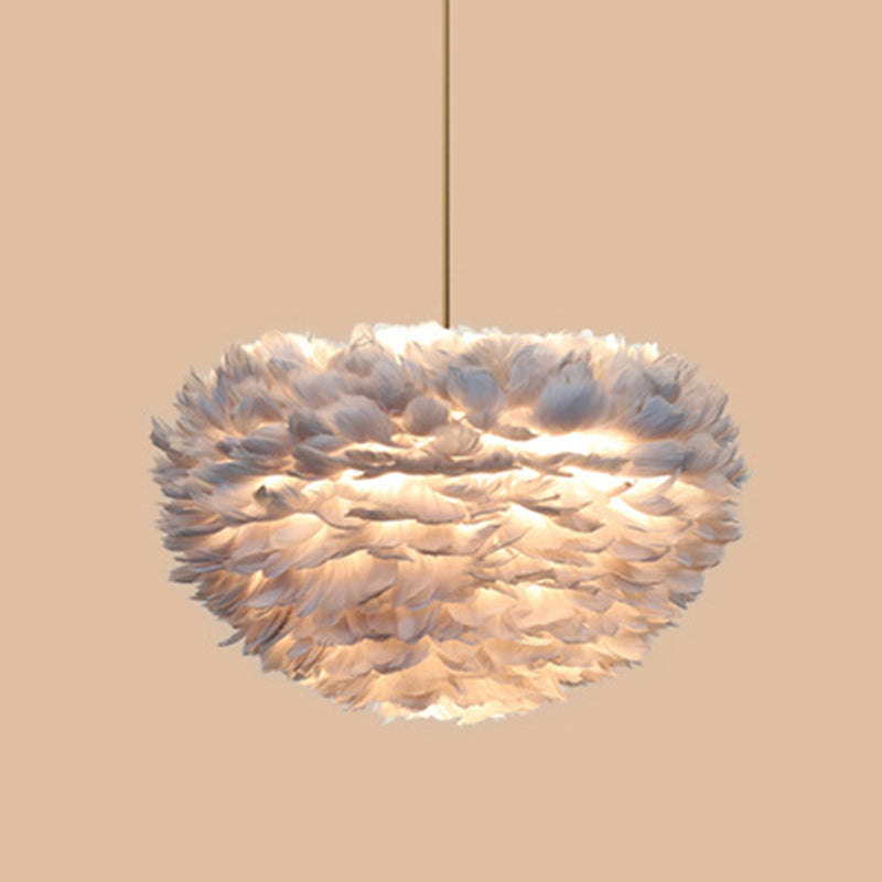 Modern Hand-Woven Feather Globe Chandelier For Bedroom - White Pendant Light 7 / Grey