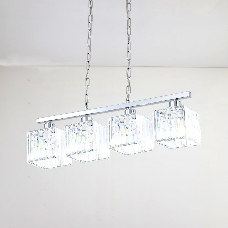 Simple Style Crystal Block Hanging Lamp Kit - 4-Light Chrome Island Fixture