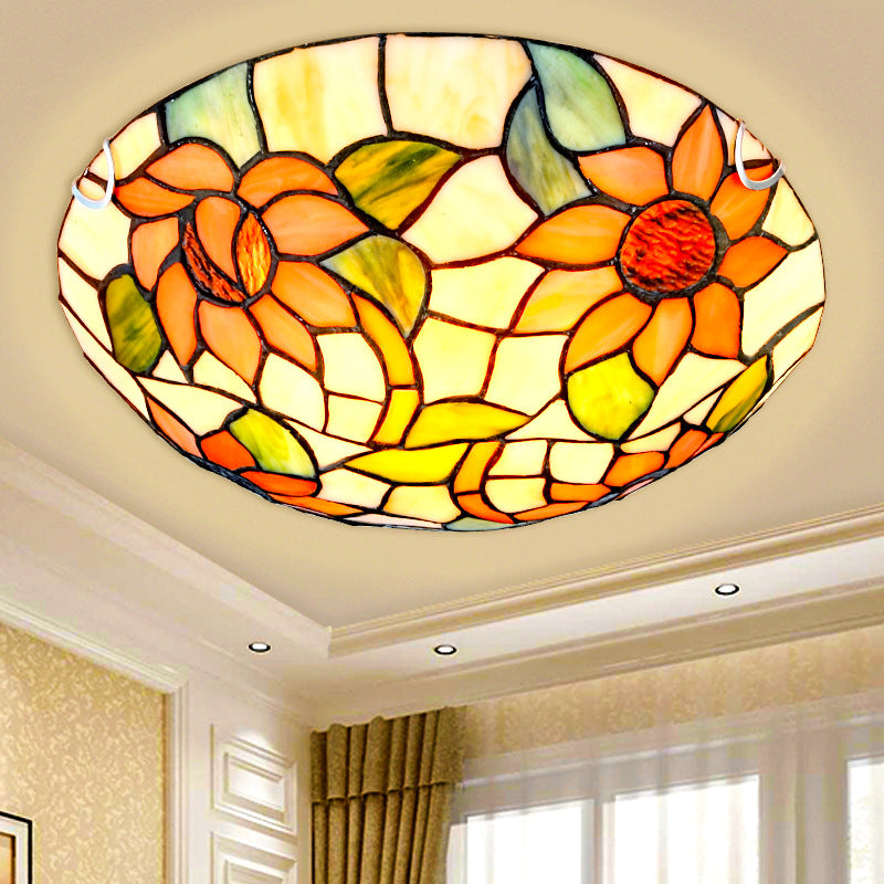 Sunflower Tiffany Stained Glass Flush Mount Ceiling Light In Vibrant Orange Bowl Shape
