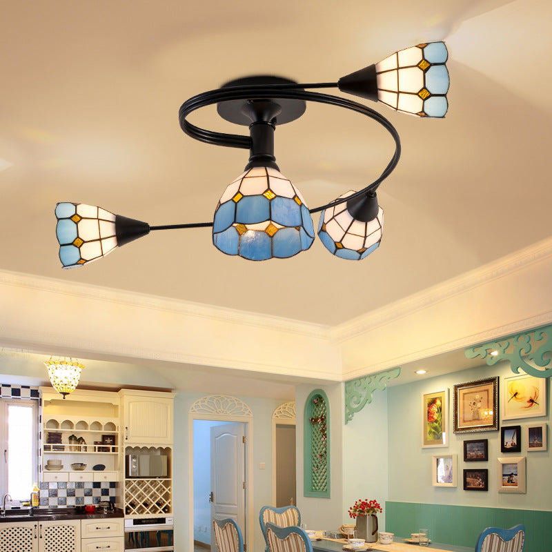 Mediterranean Swirl Semi Flush Ceiling Light With Floral Accents Blue And White Glass Ideal For