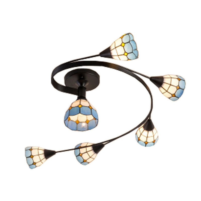 Mediterranean Swirl Semi Flush Ceiling Light With Floral Accents Blue And White Glass Ideal For