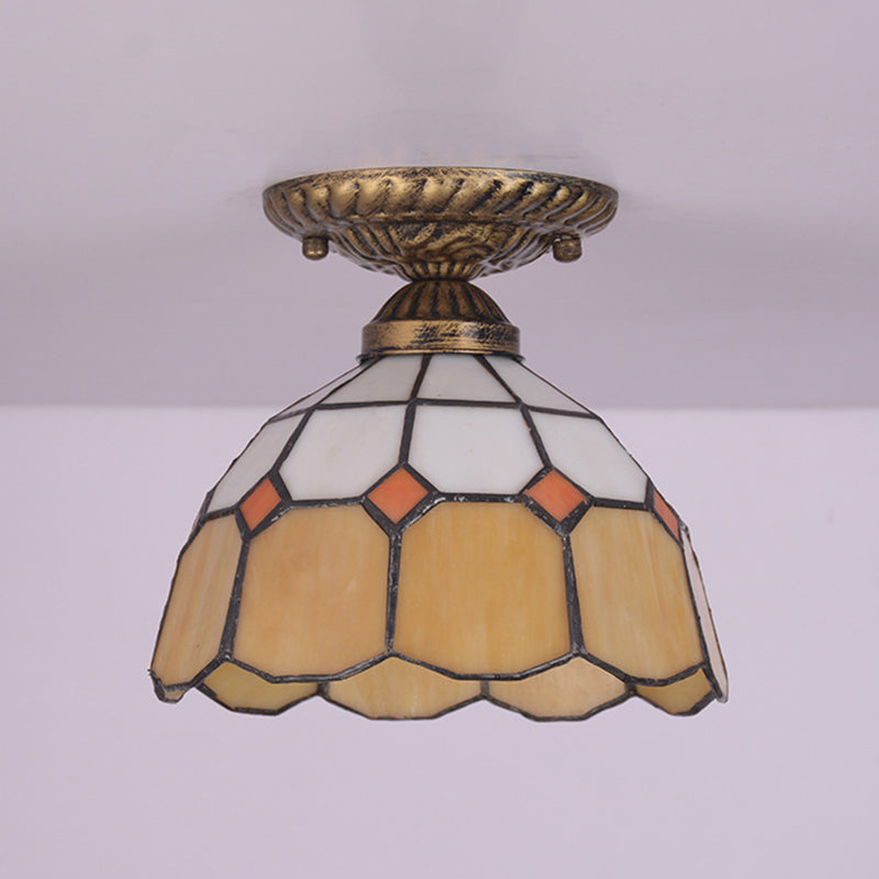 Mediterranean Cut Glass Small Floral Ceiling Mount Lamp - 1 Head Semi Flush Lighting For Elegant