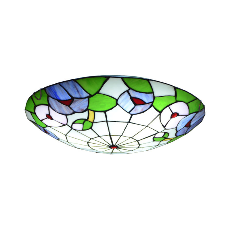 Tiffany Morning Glory Stained Glass Flush Mount Ceiling Light - Green