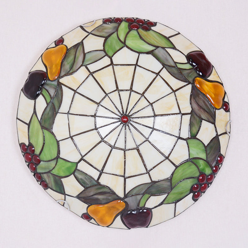 Tiffany Cut Glass Flush Mount Ceiling Lamp With Fruit Pattern In Green / 12