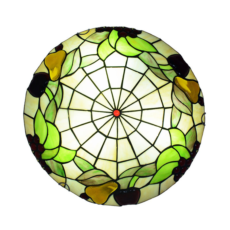 Tiffany Cut Glass Flush Mount Ceiling Lamp With Fruit Pattern In Green