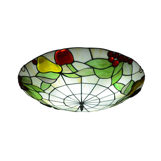 Tiffany Cut Glass Flush Mount Ceiling Lamp With Fruit Pattern In Green