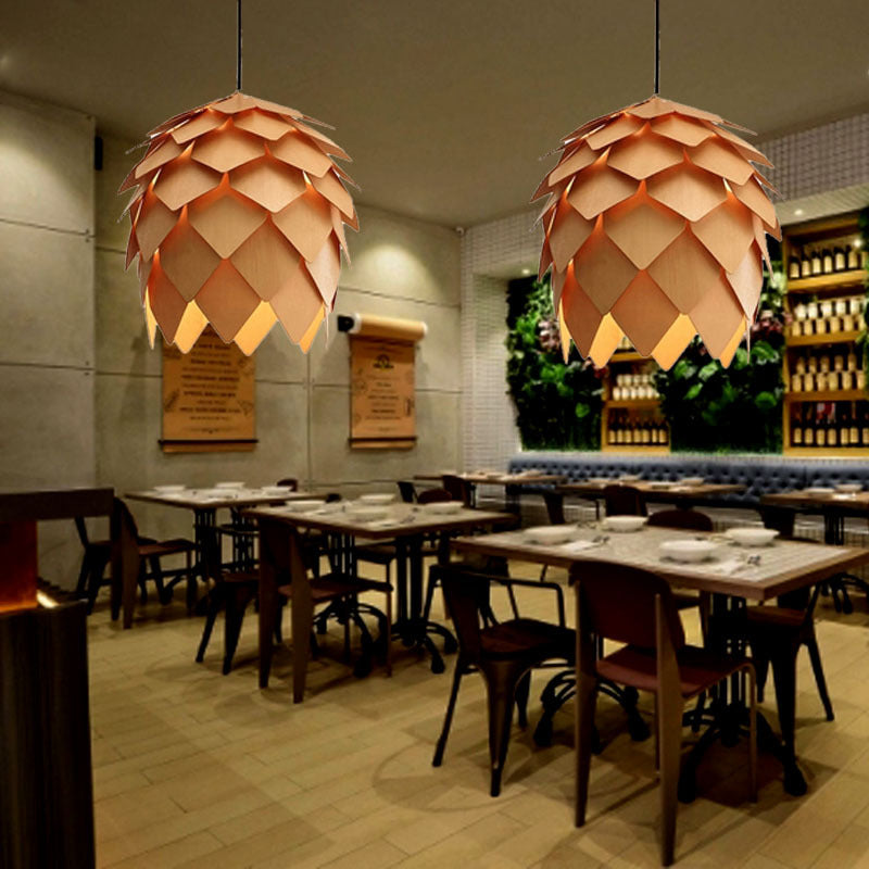 Pinecone Pendant Light With Natural Designer Woody Shade - Stylish Hanging For Dining Room