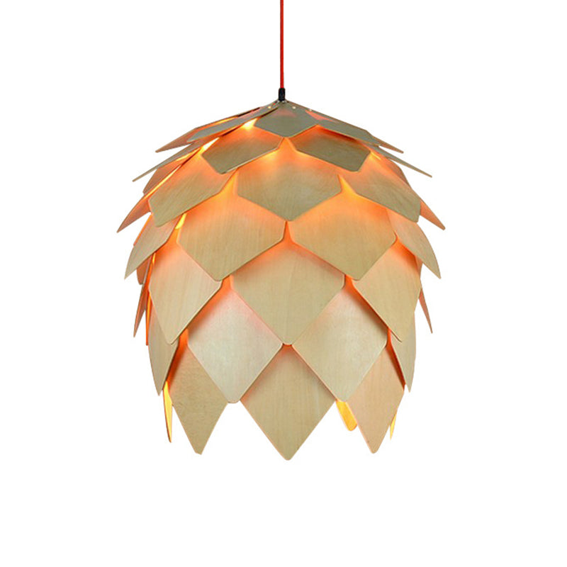 Pinecone Pendant Light With Natural Designer Woody Shade - Stylish Hanging For Dining Room