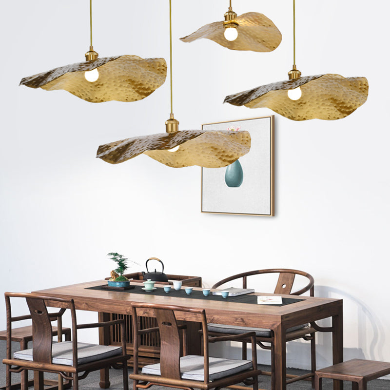 Golden Bronze Lotus Leaf Pendant Hanging Lamp - Mid-Century Metal Ceiling Light For Restaurants