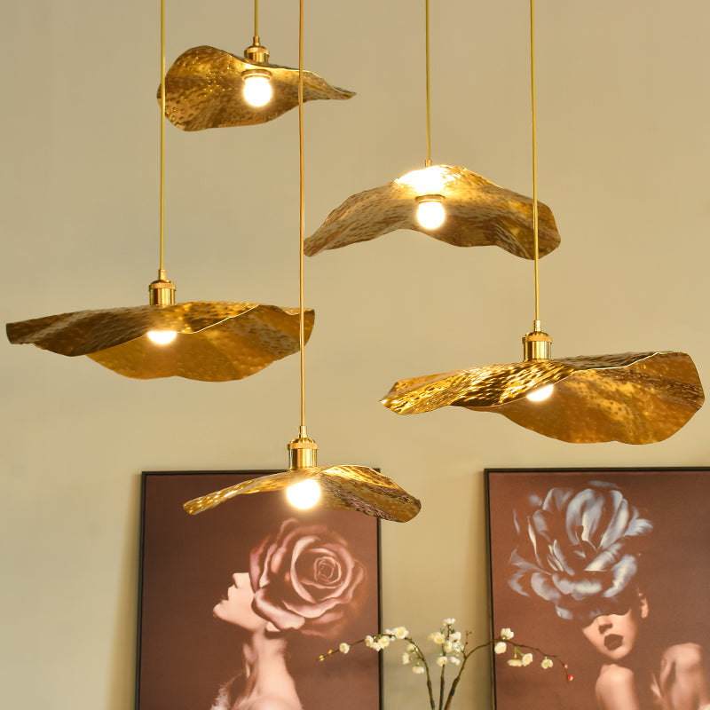 Golden Bronze Lotus Leaf Pendant Hanging Lamp - Mid-Century Metal Ceiling Light For Restaurants