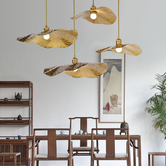 Golden Bronze Lotus Leaf Pendant Hanging Lamp - Mid-Century Metal Ceiling Light For Restaurants