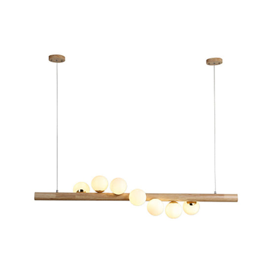 Nordic Wood Island Pendant With Globe Glass Light For Dining Room In Beige