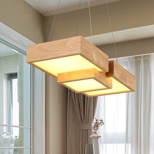 Japanese Style Wooden Led Pendant Lights For Restaurants - Rectangular Solid Wood Island Lamps