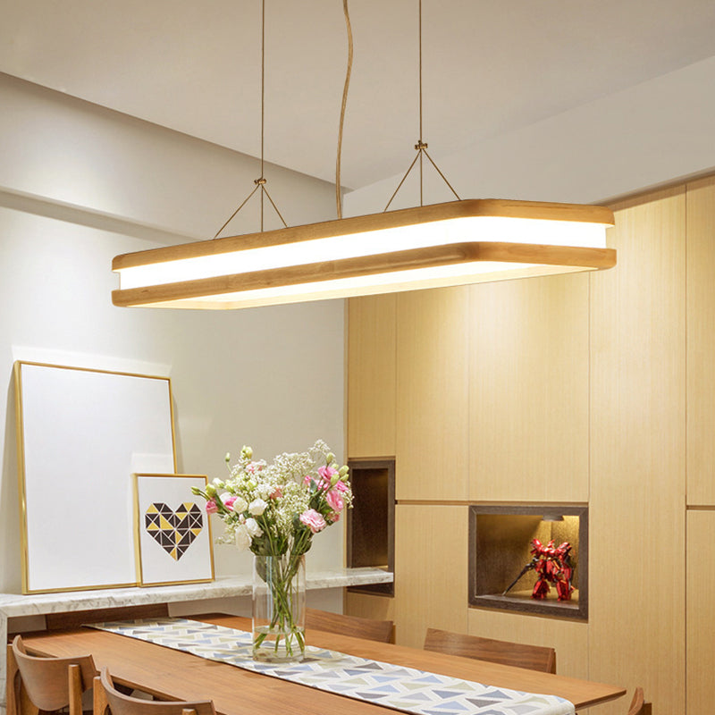 Rectangular Wood Island Pendant Light - Nordic Led Dining Room Fixture In Beige