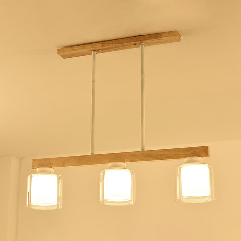 Nordic Modern Wood Island Pendant With Glass Lampshade Hanging Lamp 3 / White