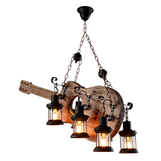 Art Deco Industrial Guitar Pendant Light With Wood And Black Metal Finish