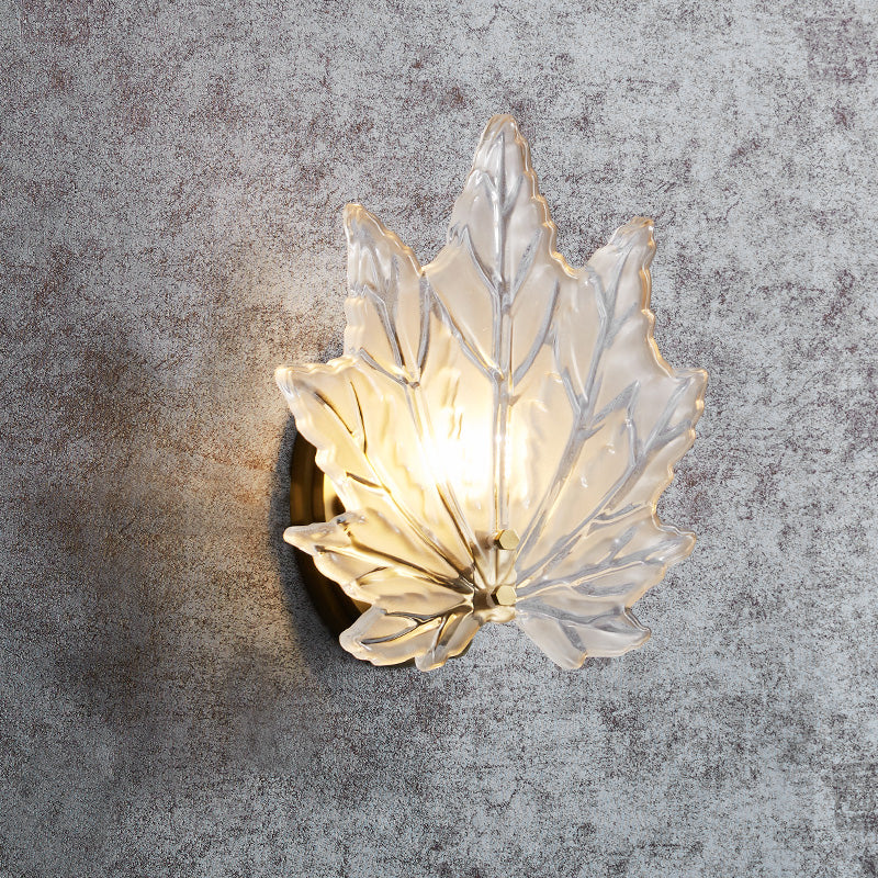 Contemporary Gold Wall Sconce: Maple Leaf Bedroom Light With Clear Crystal 1 Head Fixture