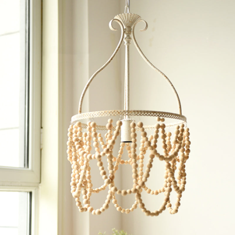Country Style Wooden Beaded Pendant Ceiling Lamp With Iron Bellied Vase Hanging Frame - White 1 Bulb