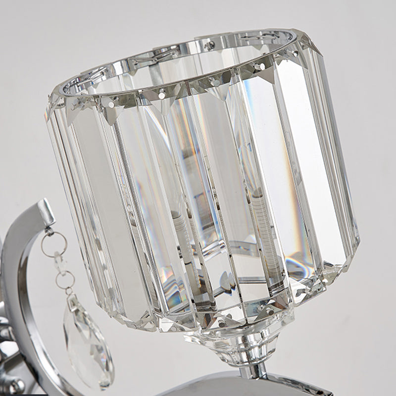 Modern Crystal Block Cylinder Wall Sconce In Chrome - Bedroom Light Fixture