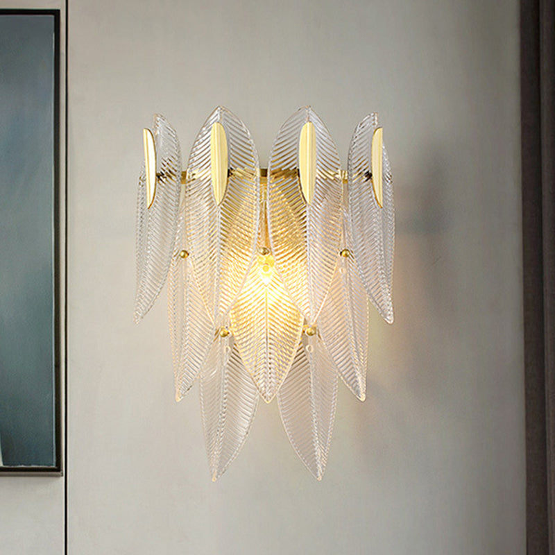 Prismatic Crystal Leaf Wall Sconce - Minimalist Gold Light Fixture (2 Lights)