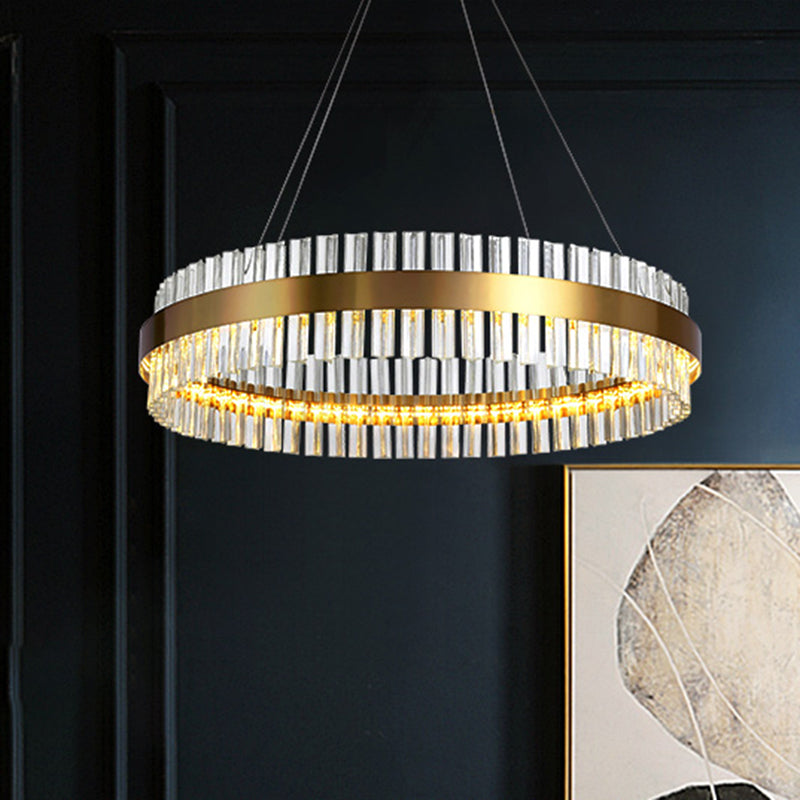 Postmodern Crystal Rod Gold Led Chandelier Light - Circular Ceiling Hanging Fixture Multiple Width