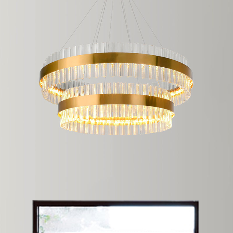 Postmodern 2-Tier Crystal Rod Living Room Pendant Light In Gold - 23.5/31.5 Wide Led Hanging Lamp