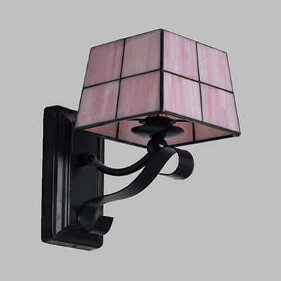 Stylish Pink/Blue/Beige Square Tiffany Style Stained Glass Wall Light - Bedroom Mount
