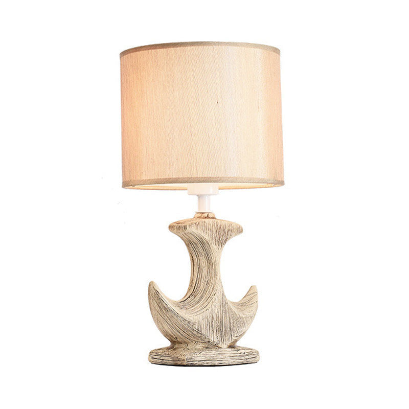Classic White/Tan Cylinder Desk Lamp With Ceramic Sailboat Base - Plug-In Table Light