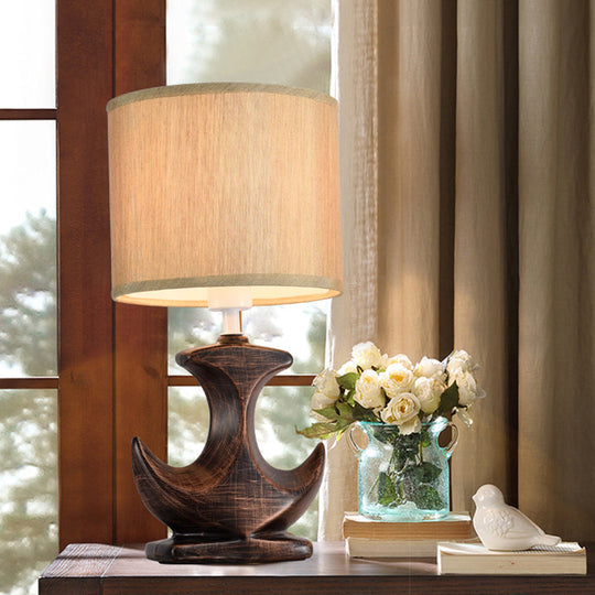 Classic White/Tan Cylinder Desk Lamp With Ceramic Sailboat Base - Plug-In Table Light Tan