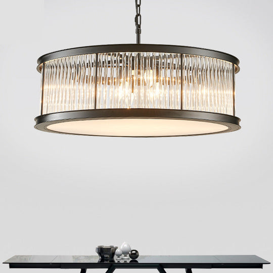 Modern Crystal Drum Chandelier - 6-Light Black/Brass Hanging Light Fixture For Living Room
