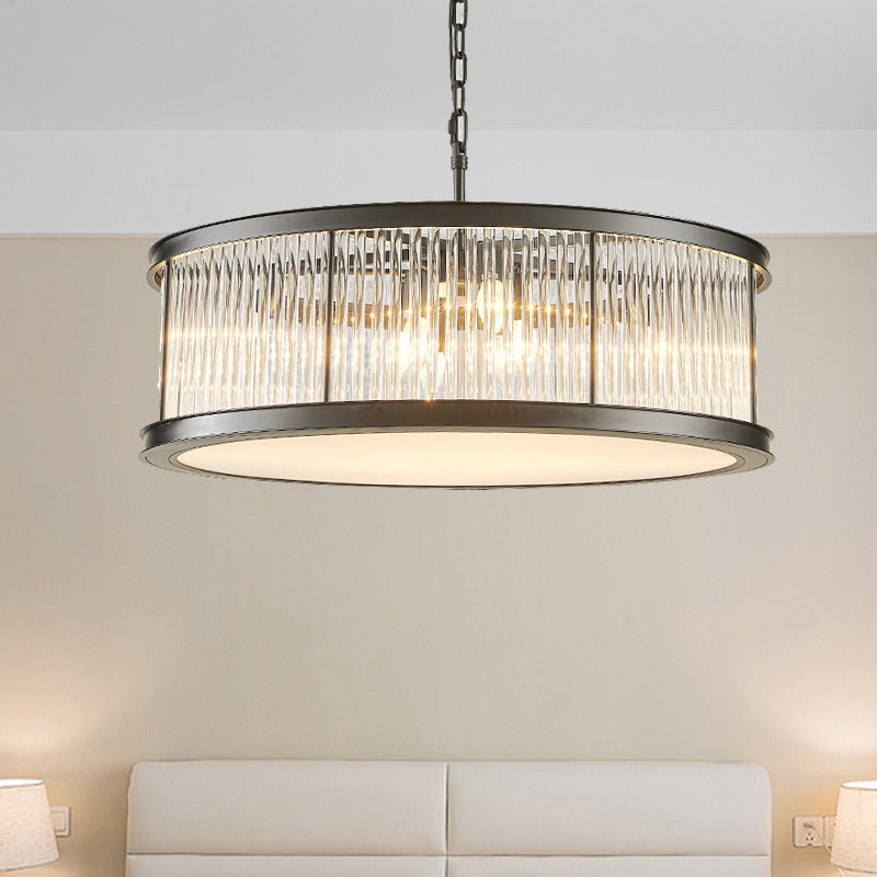 Modern Crystal Drum Chandelier - 6-Light Black/Brass Hanging Light Fixture For Living Room Black