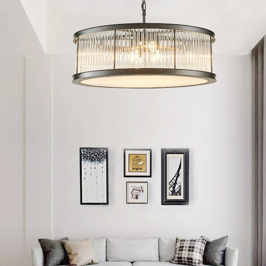 Modern Crystal Drum Chandelier - 6-Light Black/Brass Hanging Light Fixture For Living Room